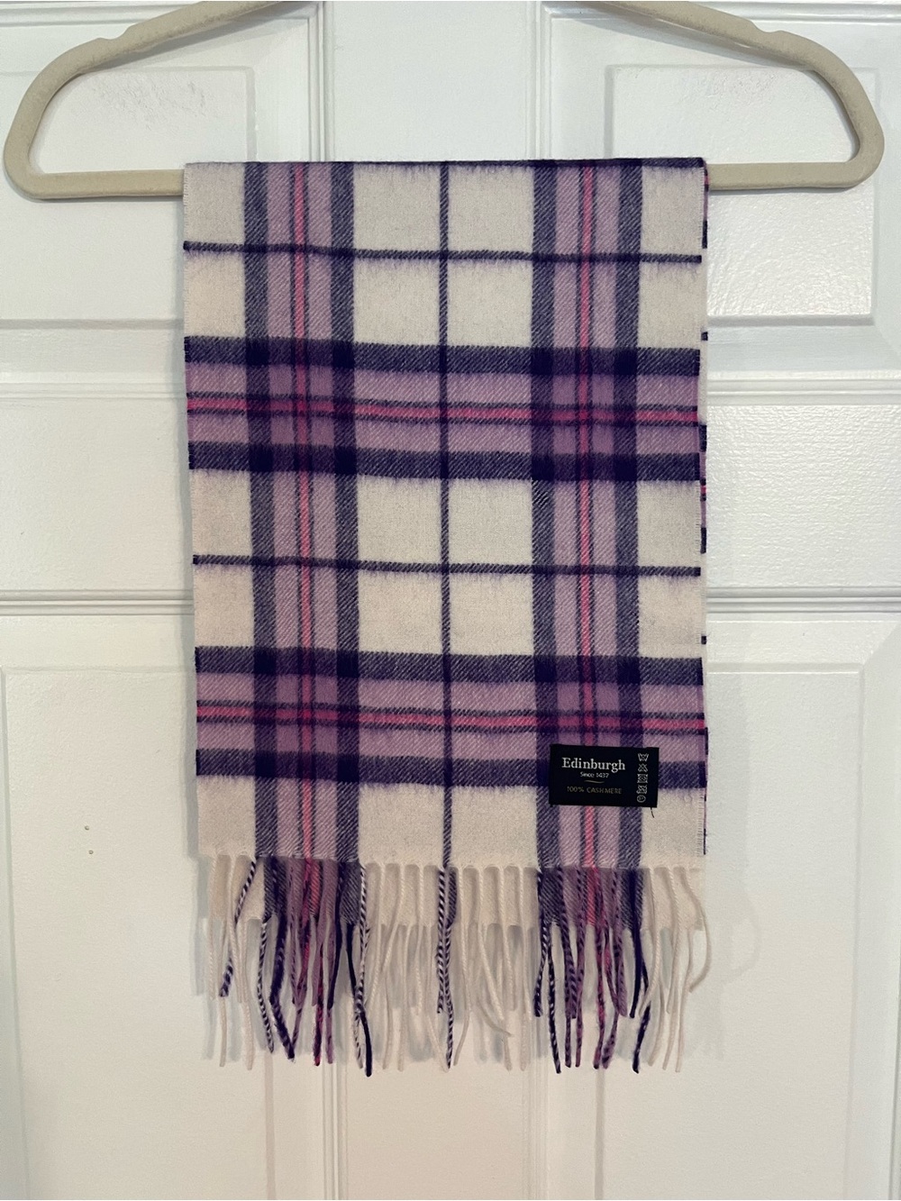 Edinburgh Cream Plaid Cashmere Scarf with Pink & Purple Accents